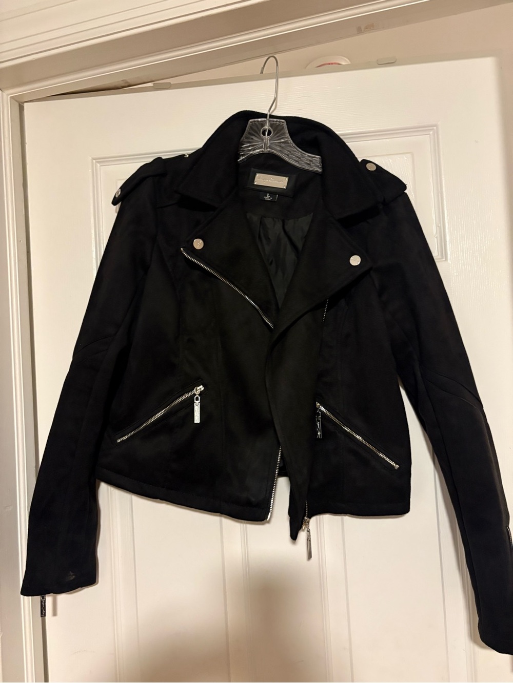 Black Suede-Effect Moto Jacket with Silver Zips